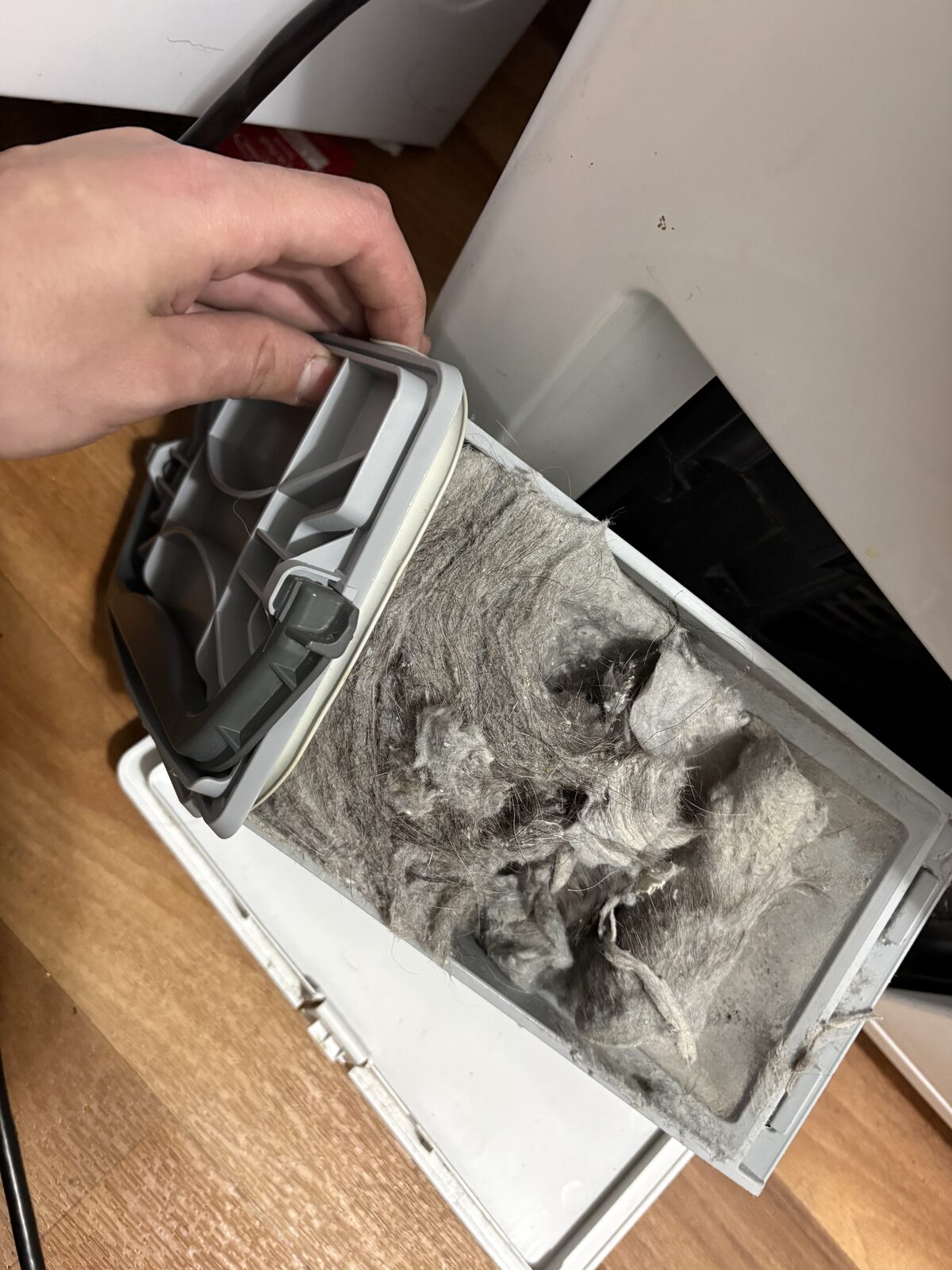 Ventless dryer lint filter with heavy buildup documented during a Knapp's service call in the Portland area.